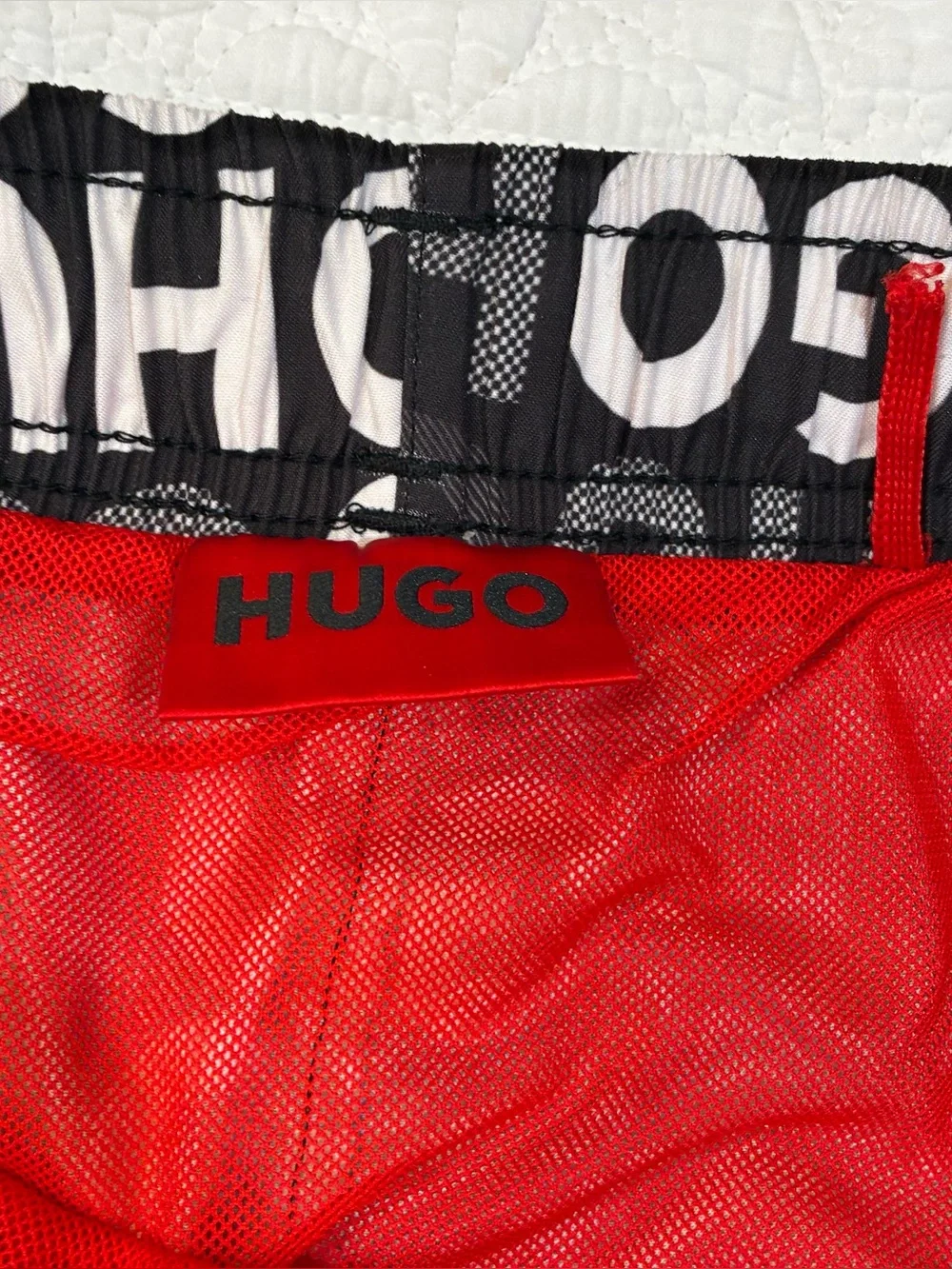 HUGO Boss Mens Swim Trunks Fame Allover Logo Print Board Shorts Black Red S